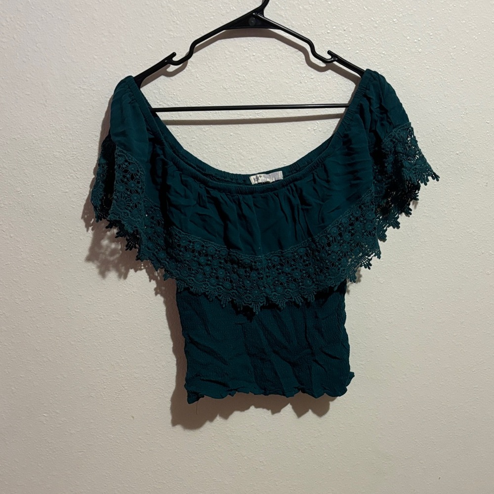 Joie Teal Off-Shoulder Blouse with Lace Detail